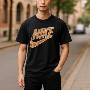 Nike Black Tee With Leopard Print Logo Graphic Short Sleeves Size Small
